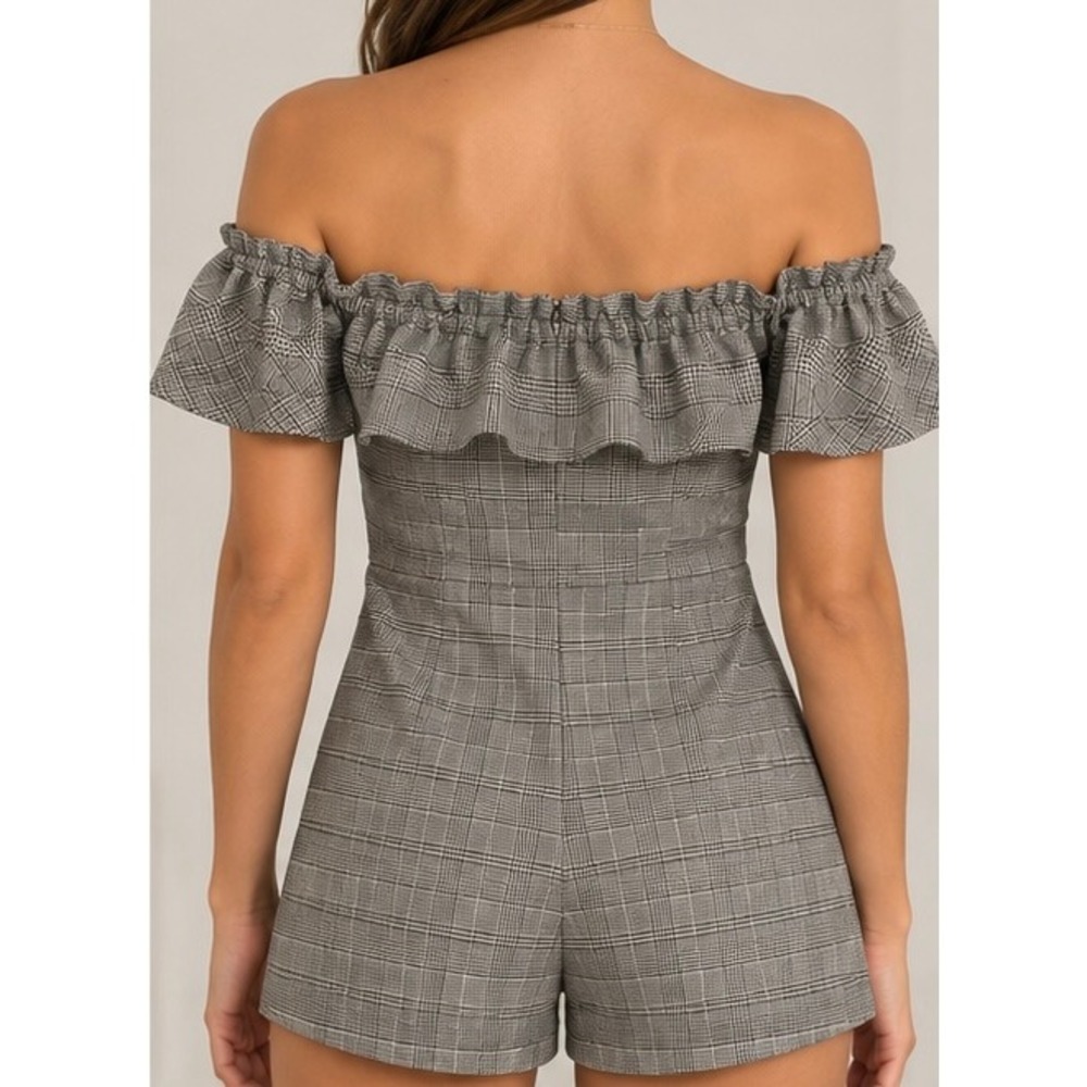 Grey Glen Plaid Off The Shoulder Ruffle Trim Romper Jumpsuit Shorts Size-S - Picture 2 of 2